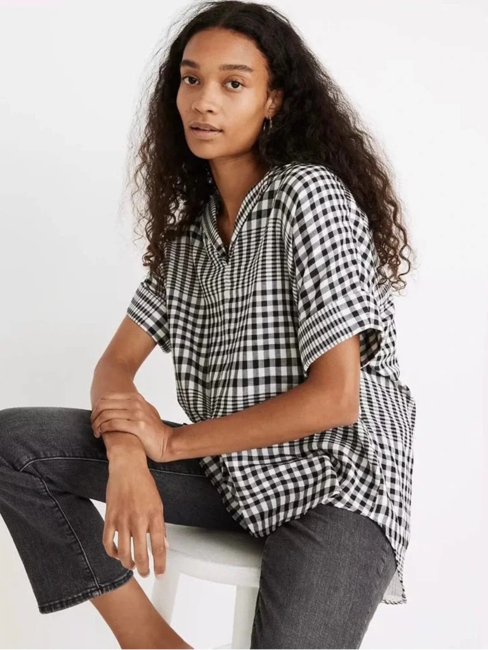 Madewell Swenson Popover Gingham Shirt Black and White Women’s Small 100% Cotton